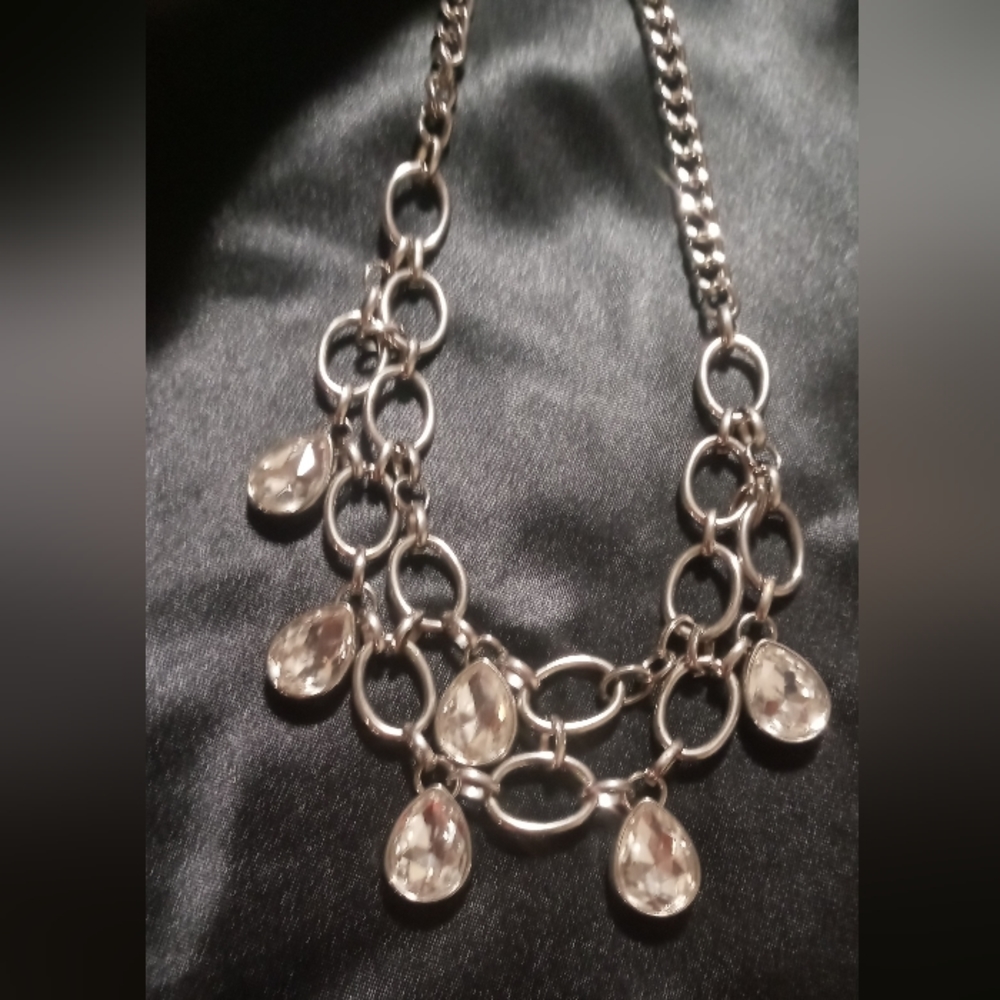 Large clear faux gems with layered chain statement necklace large links 26 inch
